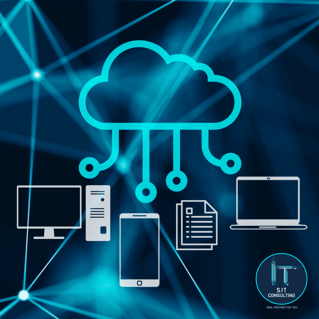 Wolke, unter dem sich ein PC, ein Tablet, Papiere und ein Laptop befinden, welche mit der Wolke verbunden sind, um den allerorts verfügbaren Speicher der Cloud zu visualisieren.