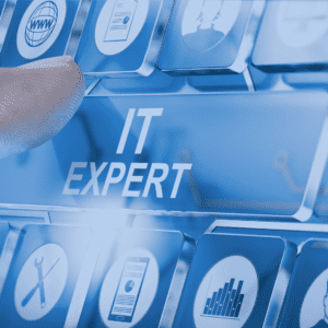 Tastatur mit verschiedenen IT-relevanten Symbolen auf den einzelnen Tasten. Ein Finger wählt die Taste mit dem Schriftzug "IT Expert" aus.