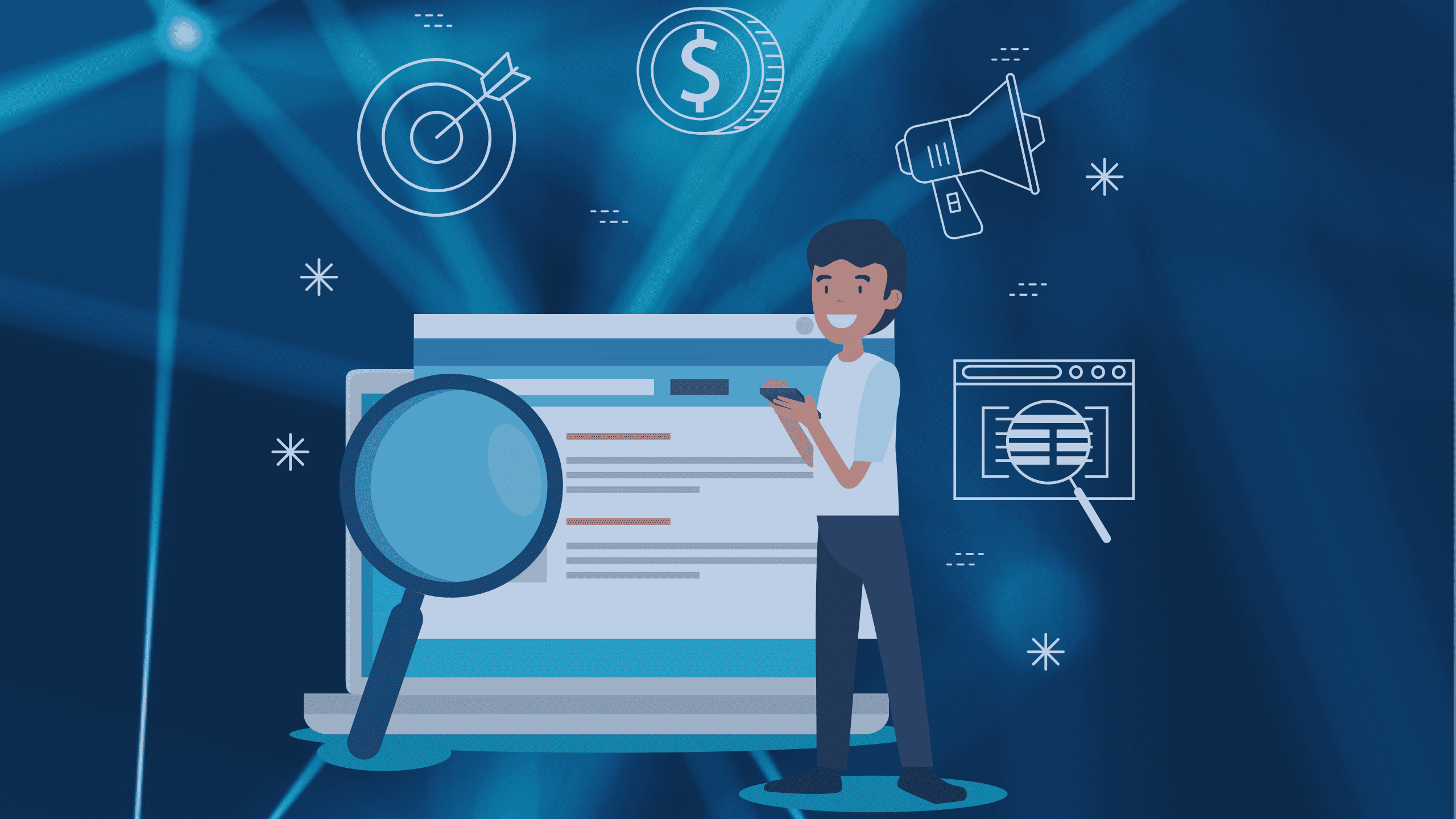 Animation eines Kunden, um den verschiedene Symbole versammelt sind, zum Beispiel eine Lupe auf einem Bildschirm, eine Zielscheibe, eine Münze usw. Die Symbole zeigen die Vorteile von IT Managed Services auf, nämlich: Die Erreichung der Ziele des Kunden, während er die volle Kontrolle erhält und auch die Kosten durch das SLA kalkuliert bleiben.